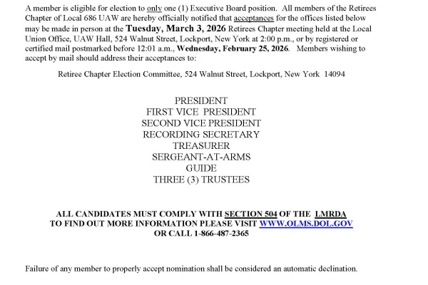 RETIREES CHAPTER LOCAL 686 UAW NOTICE OF NOMINATIONS AND ELECTION