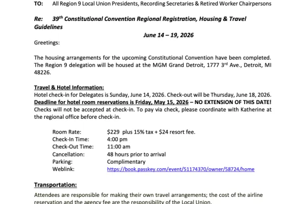39th Constitutional Convention Regional Registration, Housing & Travel Guidelines