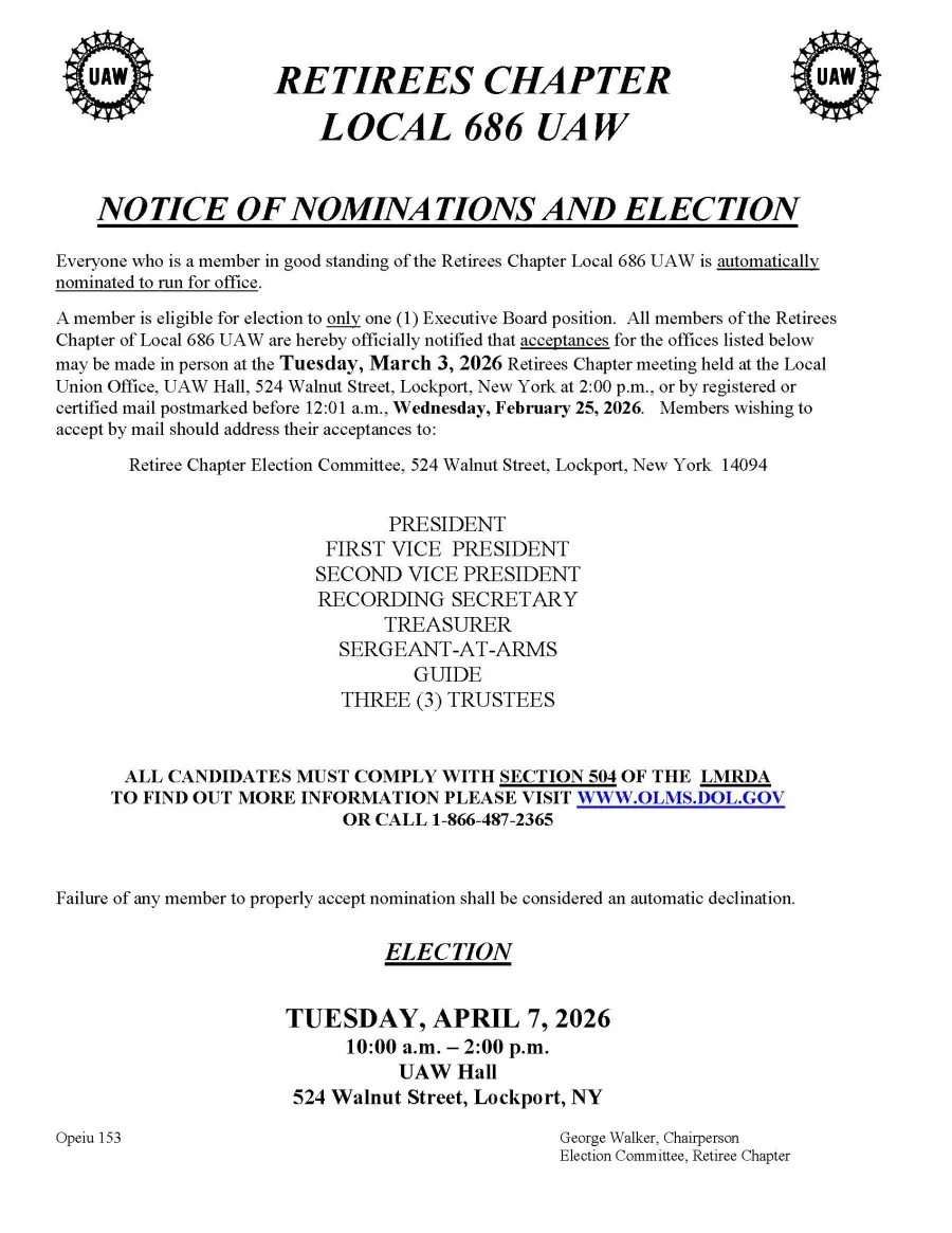 RETIREES CHAPTER LOCAL 686 UAW NOTICE OF NOMINATIONS AND ELECTION